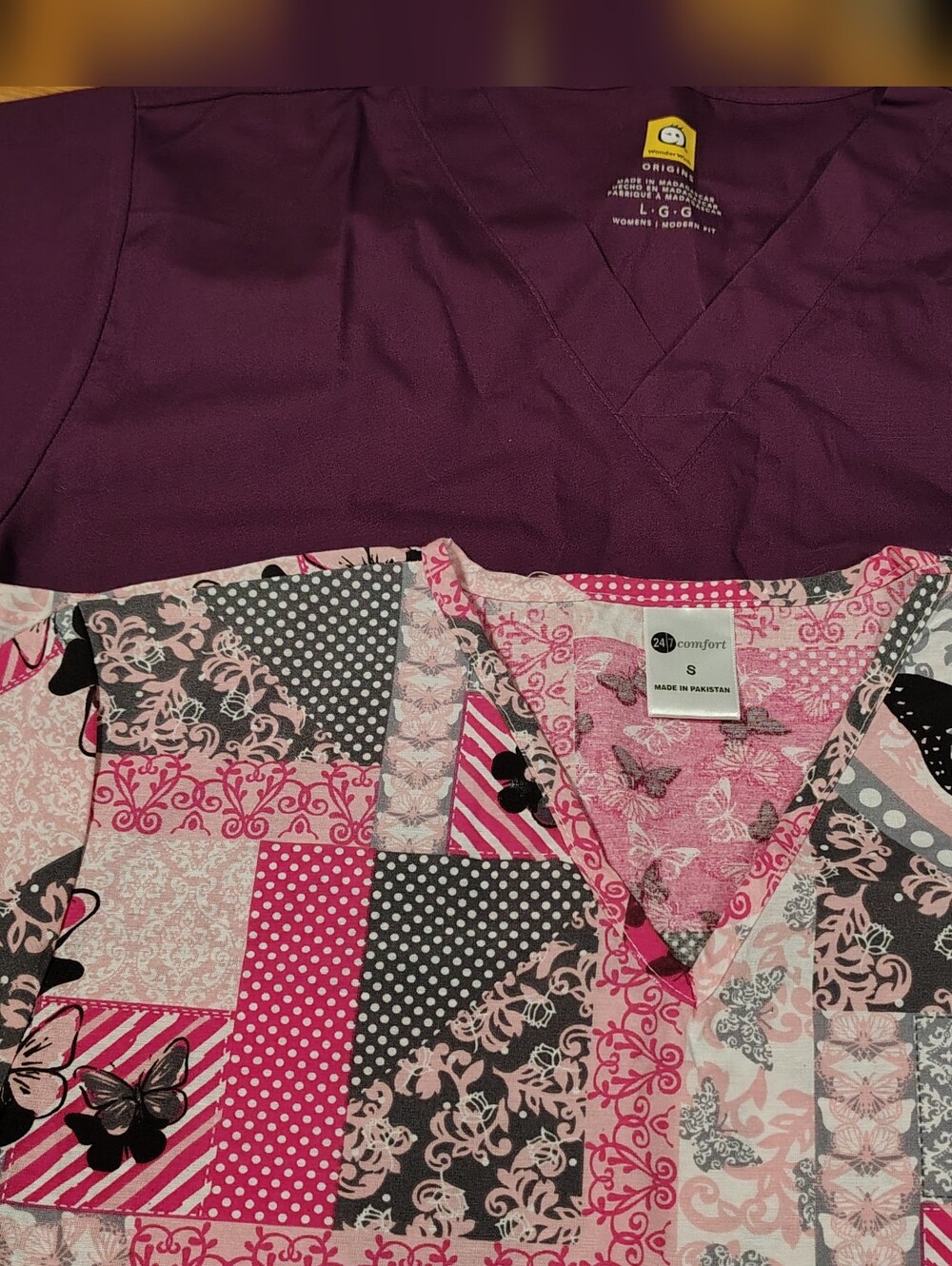 NWT 2 V-Neck Scrub Tops - Plum Solid + Pink Patchwork Butterfly